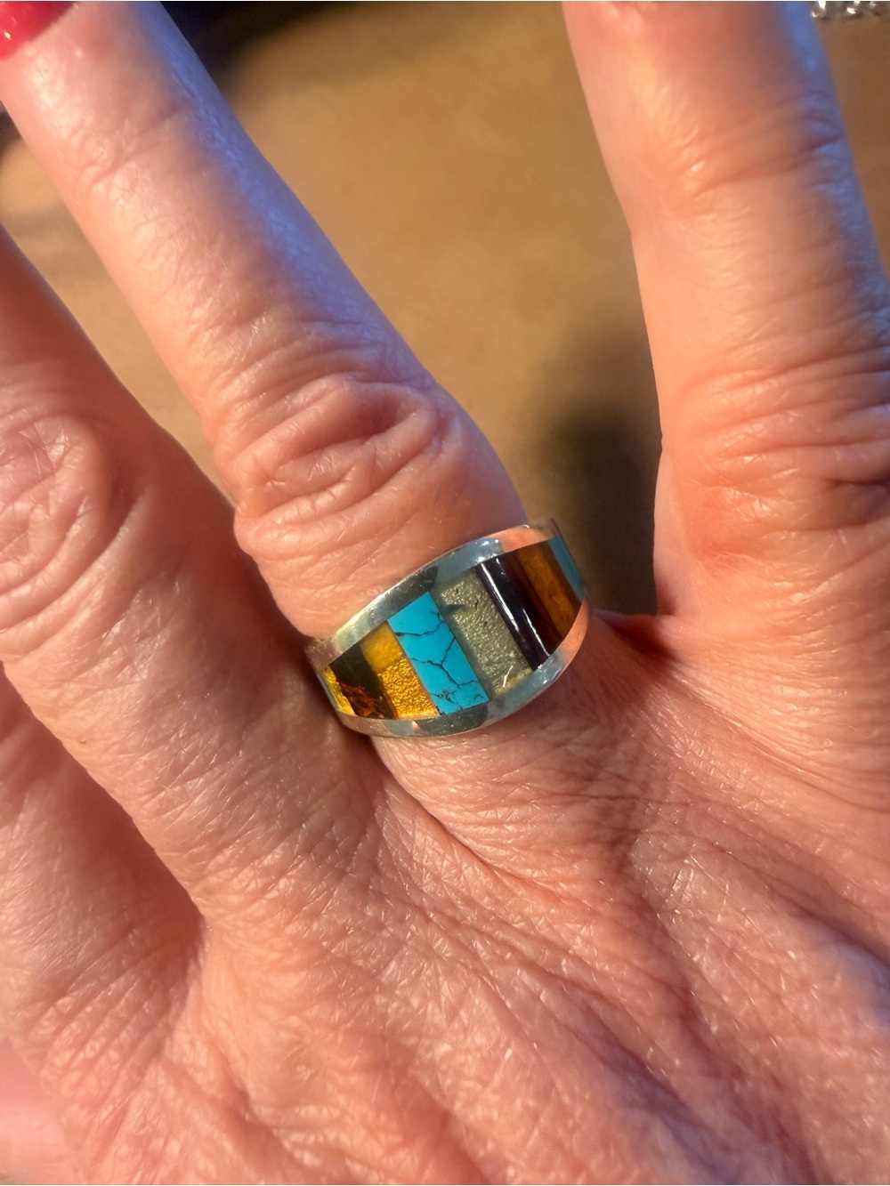 A Vintage Ring. Baltic Amber & Crushed Turquoise inlay Gorgeous